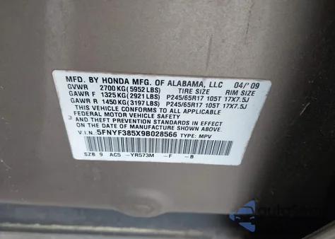 2009 Honda Pilot Ex-L z USA, uszkodzony, nr VIN 5FNYF385X9B028566